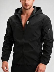 1pc Casual Sports Hooded Jacket, Zipper Closure, Regular Fit, Suitable For Hiking, Running, Outdoor Activities, Father''s Day - Black - View 6
