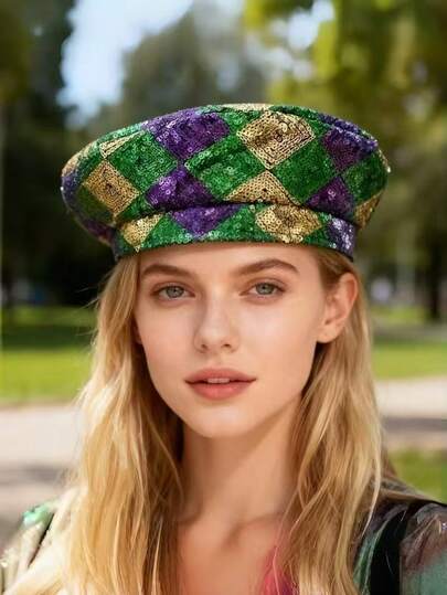 1顶闪亮涤纶蒸汽朋克水钻船长帽，男女通用，适合狂欢节、新年、情人节、游行、酒吧、派对、音乐节、圣帕特里克节、冬季等场合佩戴。