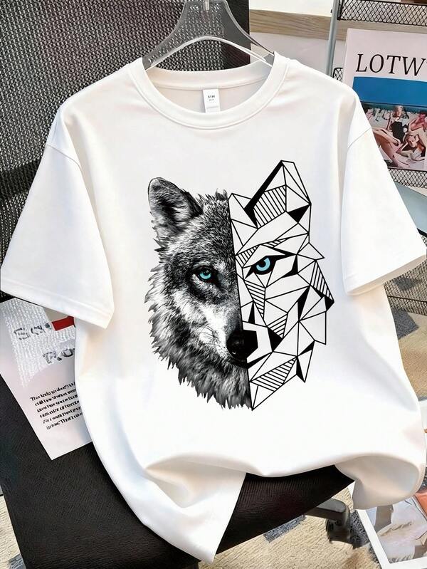1pc Teenage Boys' Geometric Wolf Head Print Creative Half Wolf Half Geometric Pattern Casual Loose Short Sleeve T-Shirt, Boys' Daily Wear, Street Style, Suitable For Spring & Summer