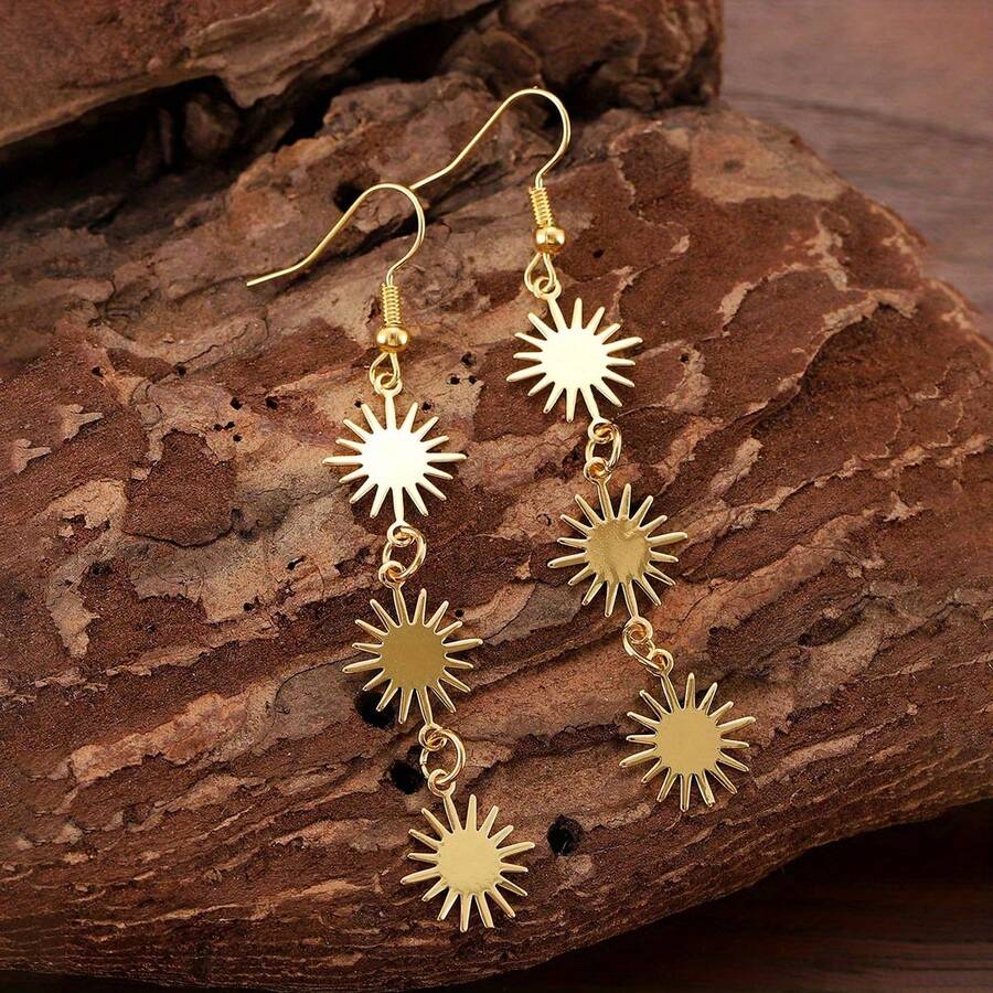 Victorian Vintage Small Golden Sun Tassel Pendant Long Earrings, Perfect For Jewelry Festival And Daily Wear - Yellow Gold - View 1