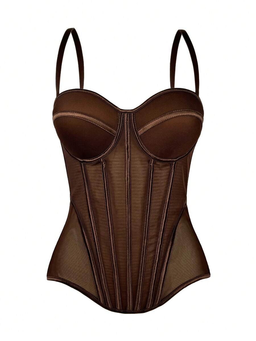 女士休闲吊带背心，性感百搭，紧身网纱肩带，优雅时尚，适合夏季派对穿着 - 棕色 - 查看 1