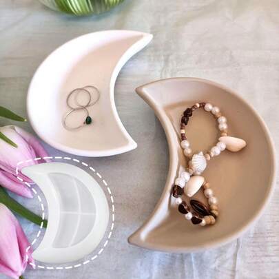 1个DIY环氧树脂模具，可制作月亮盘、水果托盘、储物托盘、石膏滴胶模具、珠宝收纳托盘等，硅胶模具，适用于DIY手工制作、日常收纳容器制作，可重复使用。