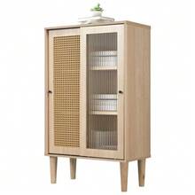 100cm High Sideboard, Wood Colour, With Synthetic Rattan  And Sliding Glass  , And 6 Compartments Behind The  . - Camel - View 11