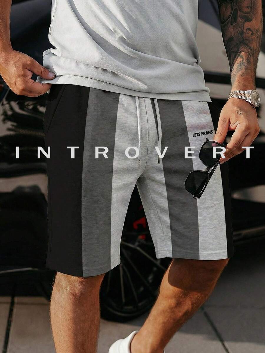Men's Summer Coarse Striped Contrasting Shorts Casual Loose Elastic Waist Straight Leg Five Quarter Pants - Grey - View 1