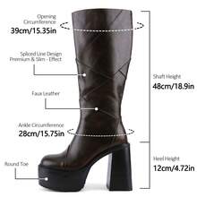 Knee High Platform For Women Chunky Round Toe High Heel Motorcycle Combat Punk Tall Boots With Side Zipper - 深棕色 - 查看 5