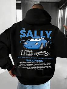 Disney Men's Casual Hoodie, Featuring Sally's Blue  Print From "Cars", Creates A Fresh And Retro Visual Atmosphere, Suitable For Daily Commuting, Friend Gatherings, Park Check-In And Other Scenes - 黑色 - 查看 2