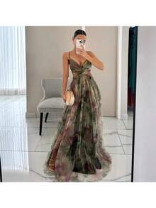 Spring And Summer New Mesh Printing Suspender Dress Vacation Casual Party Dress - Màu vàng - Xem 2