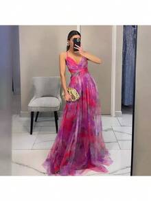 Spring And Summer New Mesh Printing Suspender Dress Vacation Casual Party Dress - Màu vàng - Xem 3