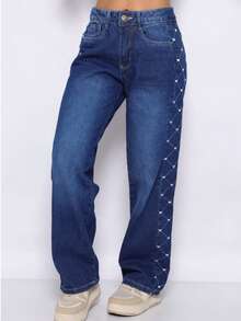 Wide Leg Pants With Side Embroidery, Women's Sizes 10 To 16 - Navy Blue - View 8