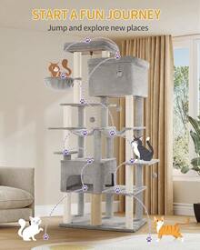 Arbre à chat Hzuaneri 200 large, griffoir avec 2 lits et 10 sisal, durable pour grands chats Maine, comprend 2 hamacs, gris clair MS20018LG - Beige - Voir 10