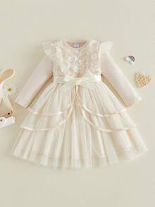 Toddler Dress Girls Ruffle Long Sleeve Layered Tulle Dress Fall Spring Fashion Party Dresses 3-10T, Kids Holiday Birthday Wedding Outfit - 杏色 - 查看 7