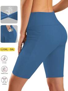 Women's High Waist Lightweight Breathable Cycling Shorts, Elastic Sports Fitness Shorts With Pockets, Waist & Abdomen Shaping Bike Shorts - Blue - View 4