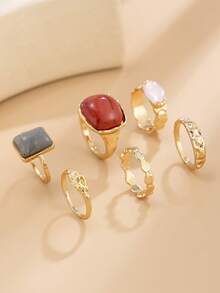 Set de 12 anillos de aleación asimétrica con incrustaciones de acrílico, con un toque lujoso, adecuados para el uso diario de las mujeres, regalo para amigos y familiares - Dorado - Ver 6