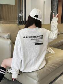 Women's Student Floral & Letter Print Loose Casual Comfortable Sweatshirt, Suitable For Daily Wear, Commuting, Back To School, Christmas, New Year, Round Neck Long Sleeve - Light Grey - View 2