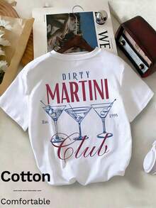 1 Piece, % Cotton. Loose-Fitting Cotton Shirt, Short-Sleeved, Crew Neck Graphic Shirt. Short-Sleeved, Crew Neck Graphic Shirt In Soft, Breathable Fabric For Everyday Wear, With Dirty Martini Club Print For Women, Summer Style Shirt. - 白色 - 查看 6