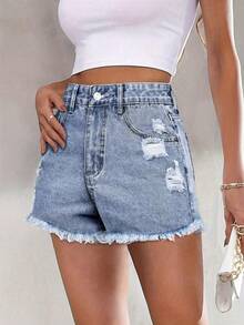 Quần short denim rách năng động dành cho nữ tuổi teen, phong cách thanh lịch thường ngày, thời trang sành điệu, ngọt ngào, thích hợp đi làm, có túi, gấu quần rách, phù hợp cho đường phố. - Rửa nhẹ - Xem 3