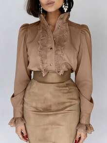 Blusa elegante con cuello de encaje francés y patchwork - Caqui - Ver 4