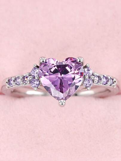 1 pieza Anillo de acero inoxidable con baño de oro de diseño con amatista natural y circonita, joyería con forma de corazón para mujer como regalo para boda/cumpleaños/San Valentín o para mejores amigas, madres, Día de la Madre