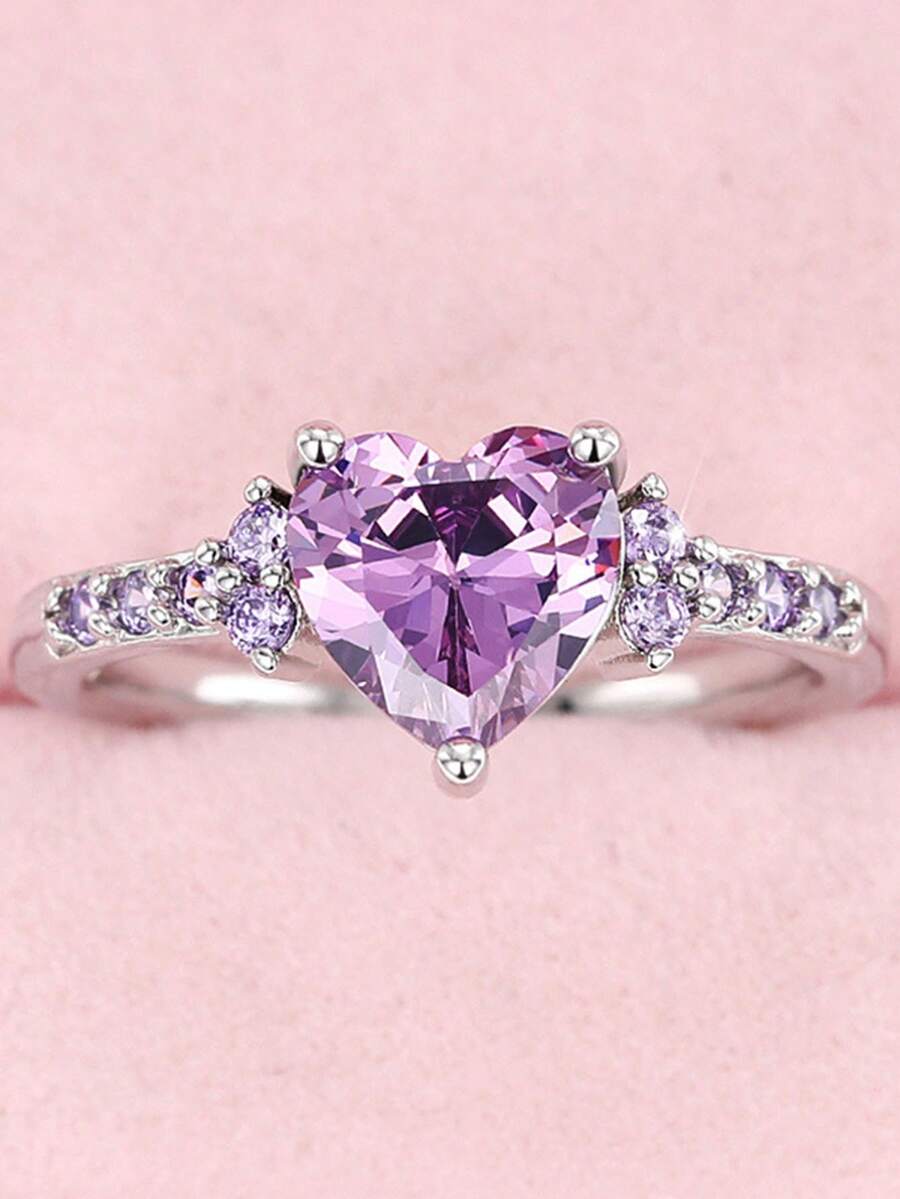 1 chiếc nhẫn bằng thép không gỉ mạ vàng 18K đá thạch anh tím tự nhiên hình khối Zirconia, trang sức cưới hình trái tim thời trang dành cho phụ nữ, ngày lễ tình nhân, quà tặng cho bạn thân Ngày lễ tình nhân, mẹ, mẹ, ngày của mẹ, quà tặng - trắng - Xem 1
