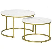 Set Of 2 Round Coffee Tables, With Gold Steel Frame, Stackable, Marble Look, For Living Room, Maximum Load 30 Kg, White. - White - View 9