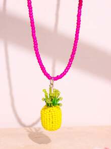 1pc Handmade Beaded Necklace With Coconut Tree, Pineapple, Starfish Pendants In Pink & Green, Colorful Y2K Minimalist Personalized Beach Jewelry - Multicolor - View 10