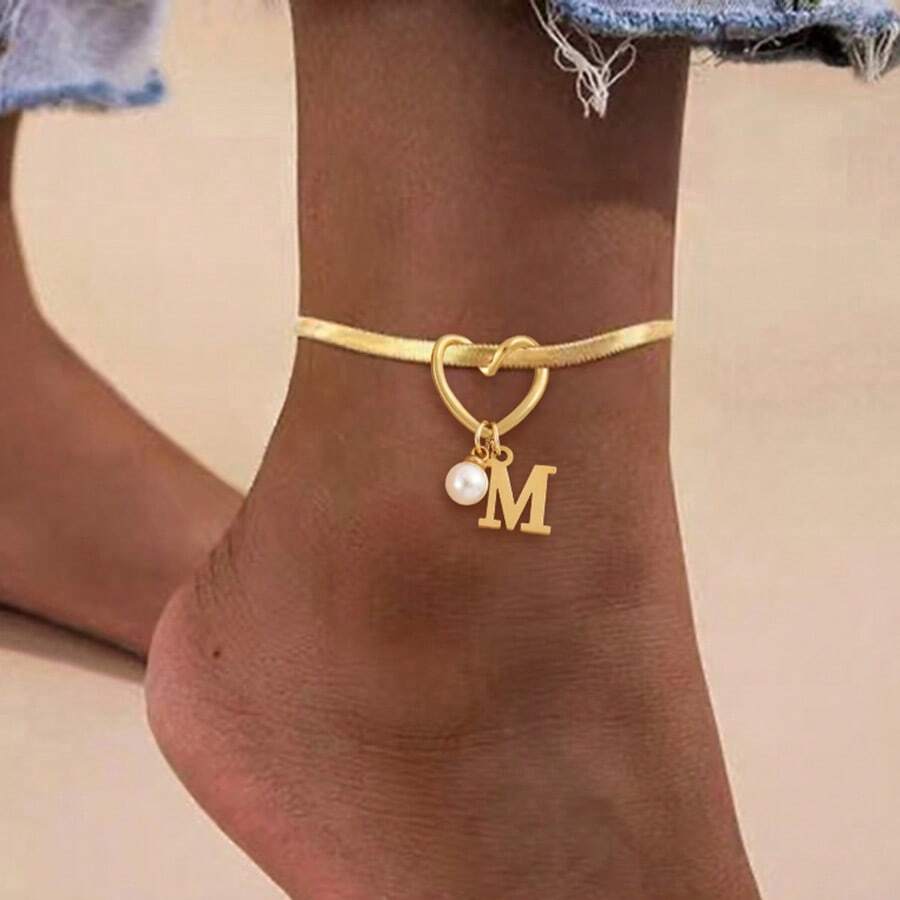 1pc New Fashion Heart Initial Faux Pearl Golden Stainless Steel Herringbone Chain Anklets For Women - Yellow Gold - View 1