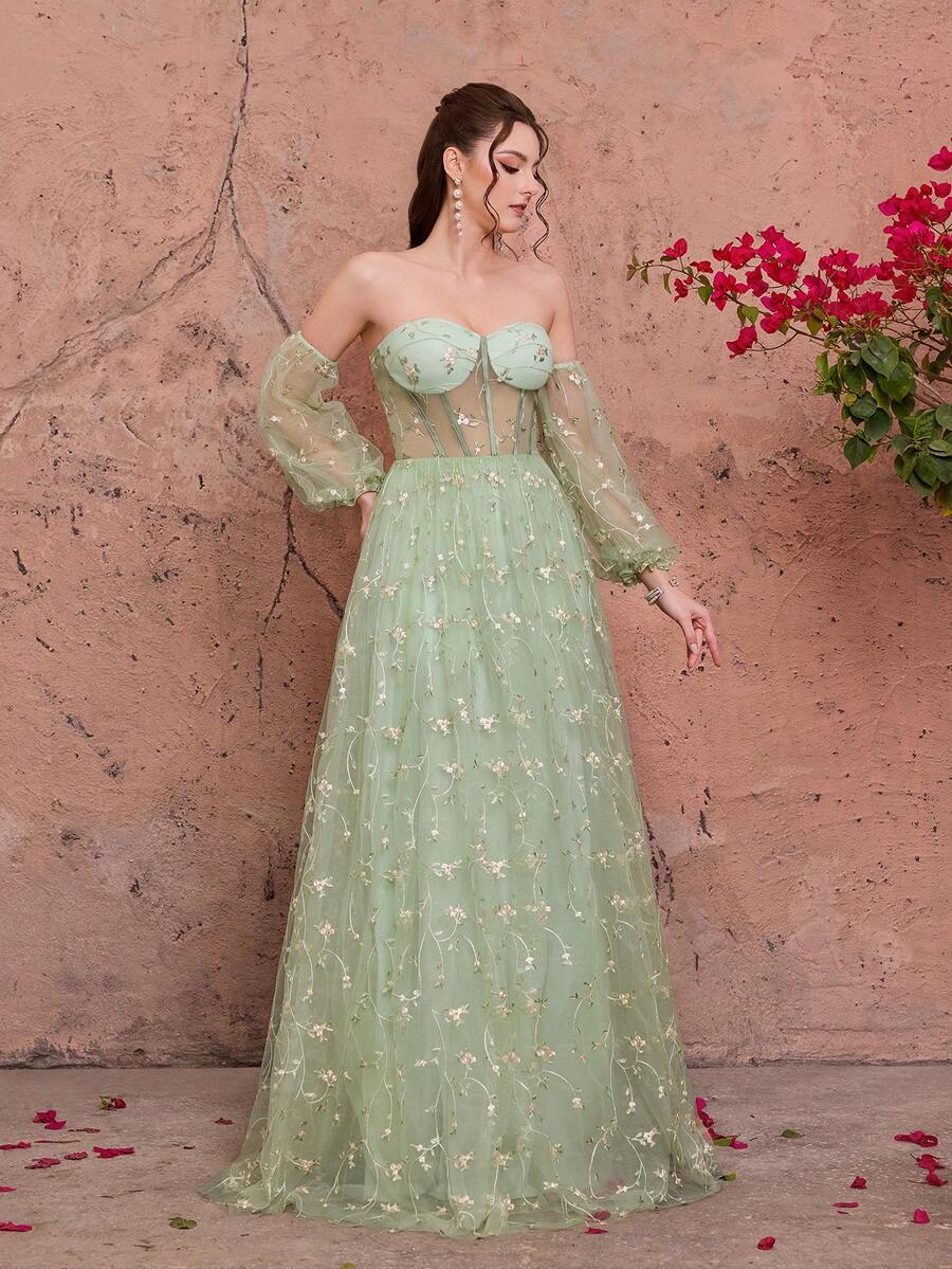 Anpoket Green Floral Embroidered Mesh Off-Shoulder Long Dress, Elegant Ladies Summer Gown Suitable For Weddings, Galas, Parties, Vacations And Holidays - Green - View 1