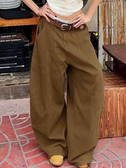 Women's Casual Retro American Street Style Cargo Pants, Flared Wide Leg Loose Fit Ankle Length, Slimming Solid Color Jeans With Pockets And Zipper Closure For Daily Wear Spring