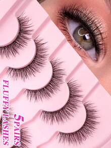 ENCHUW 5 Pairs Lashes With Clear Band Natural Look False Eyelashes Fluffy False Lashes Pack Wispy Eyelashes Curly Makeup Eyelashes For Daily Wear - Black - View 1