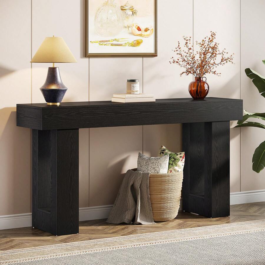 LITTLE TREE Farmhouse Console Table, 63-Inch Long Wooden Sofa Table Behind The Couch, Narrow Entryway Table For Entrance, Hallway, Living Room(Black) - 黑色 - 查看 1