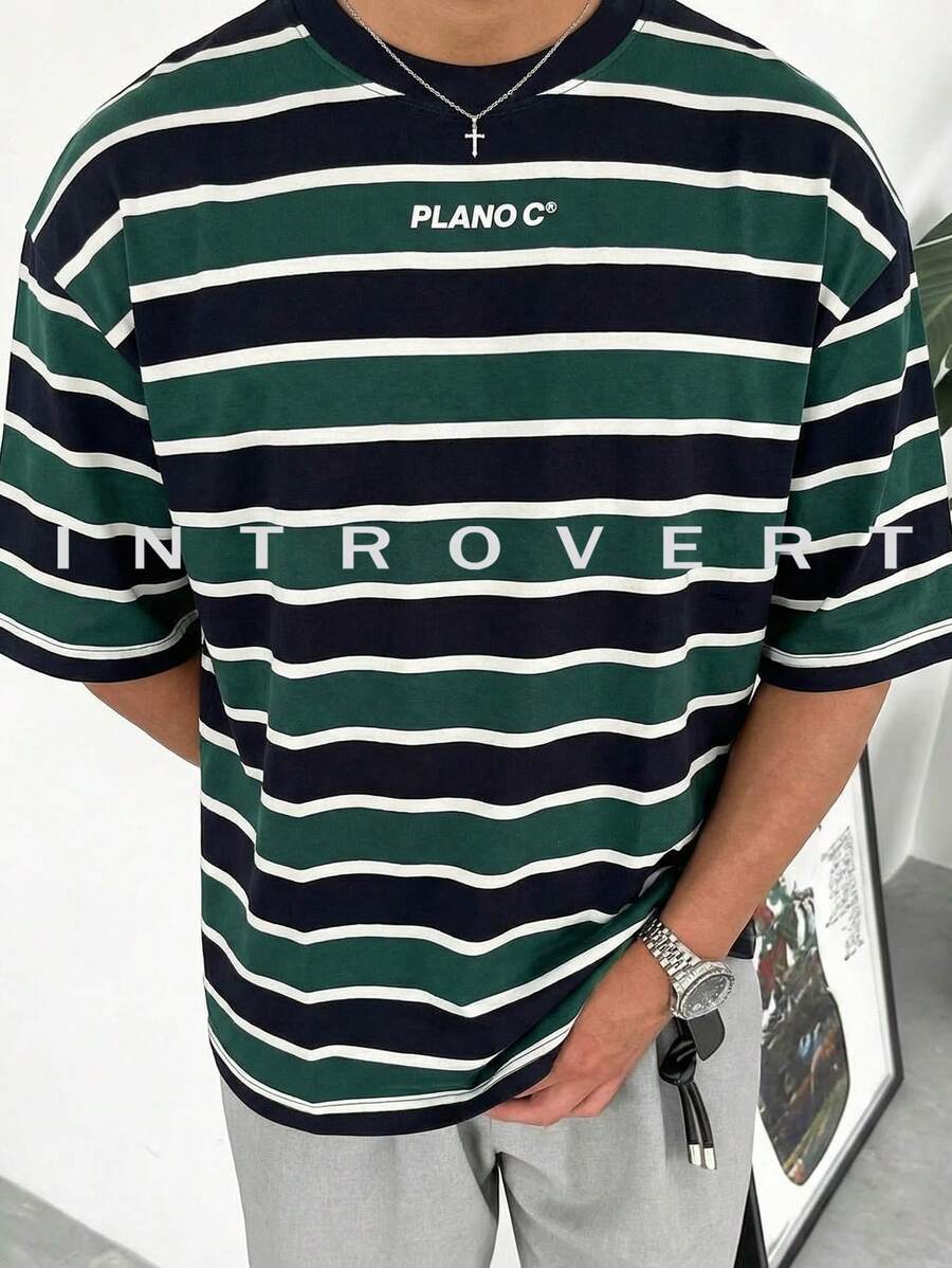 Men's American Striped Contrasting Retro T-Shirt, Personalized And Fashionable, Versatile Round Neck Short Sleeved Top - Dark Green - View 1