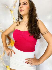 Women's Strapless Cropped Corset Top, Modal Knit, Summer Style With Elastic, Colorful Carnival Style - Rosa Fucsia - Ver 2