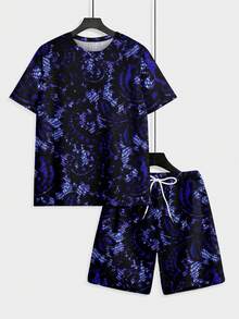 2-Piece Fresh & Bright Knit Fabric Set, Exquisite & Rich, For Men's Coastal Vacations, Summer Royal Blue Full-Print Pattern Short Sleeve & Beach Shorts Set - 彩色 - 查看 6