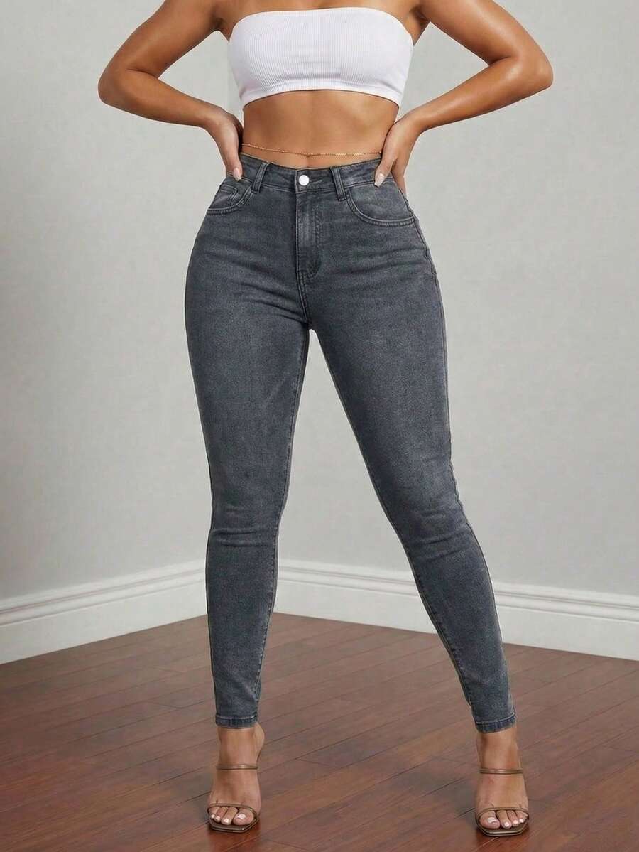 Women's High Waisted Solid Skinny Jeans - Basic Slim Fit Bodycon Denim Pants Soho Minimalist Essentials - 淺灰色 - 查看 1