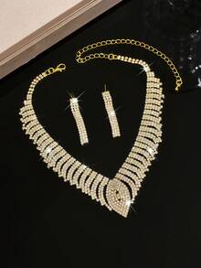 Luxury Bridal Crystal V-Shaped Necklace Set, Crystal Personalized Necklace + Earrings, Suitable For Weddings, Bridesmaids, Formal Dances And Party Gifts - 1768-hB Gold - View 5