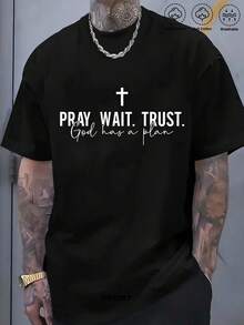 Plus Size Men's Black Faith T-Shirt Pray Wait Trust God Has A Plan Cross Print Short Sleeve Casual Religious Message Shirt, Breathable Summer & Church Wear, Loose Fit Plus Size Big & Tall Tees, PLUS SIZE - màu đen - Xem 1