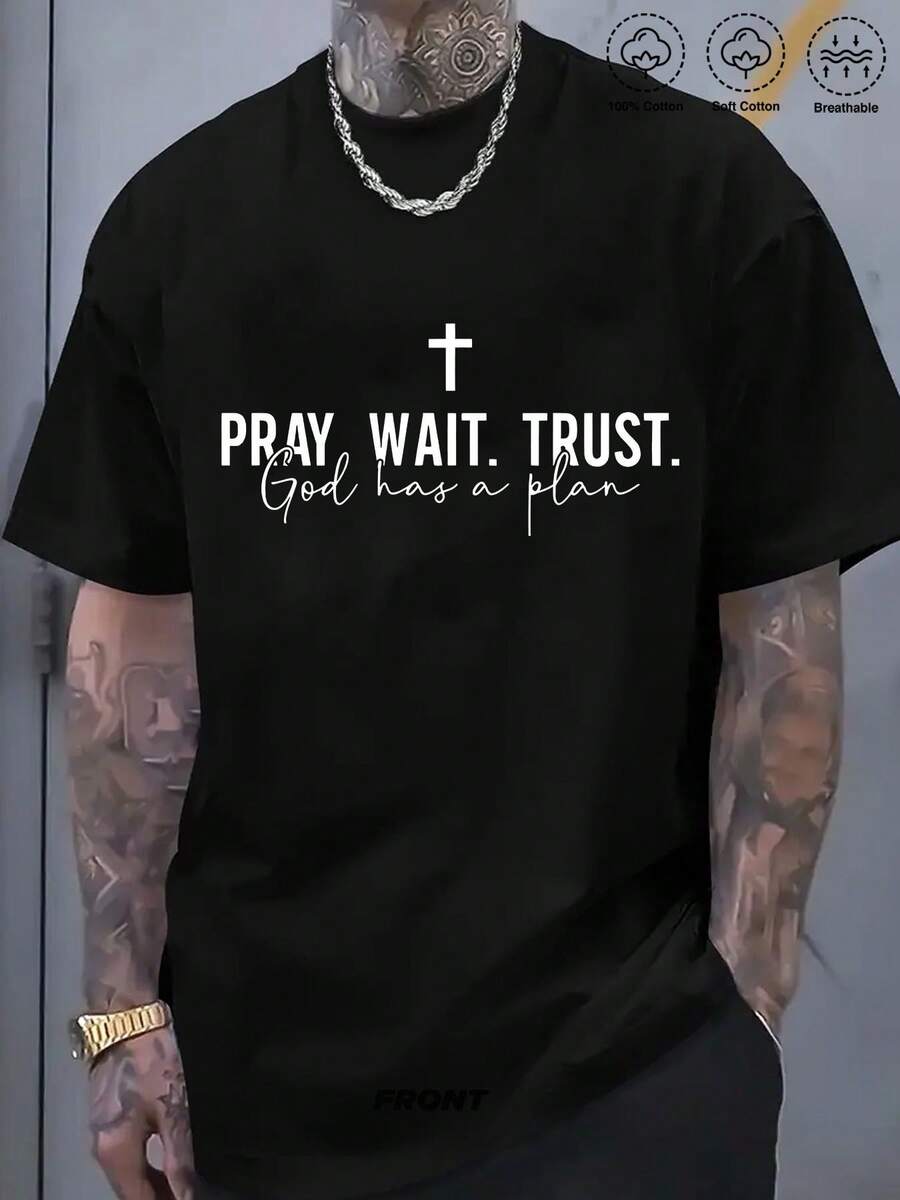 Plus Size Men's Black Faith T-Shirt Pray Wait Trust God Has A Plan Cross Print Short Sleeve Casual Religious Message Shirt, Breathable Summer & Church Wear, Loose Fit Plus Size Big & Tall Tees, PLUS SIZE - màu đen - Xem 1
