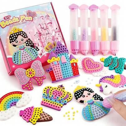 DIY串珠艺术和马赛克套装，适合6-12岁儿童 - 包含串珠笔、彩色模板和趣味图案的完整工艺套装 - 适合男孩和女孩的创意艺术手工活动