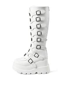 Gothic Knee High Boots For Women Round Toe Wedge Heel Zipper Y2K Punk Platform Booties Party Shoes Nightclub Riding Casual Summer Womens Combat Boot - 白色 - 查看 5