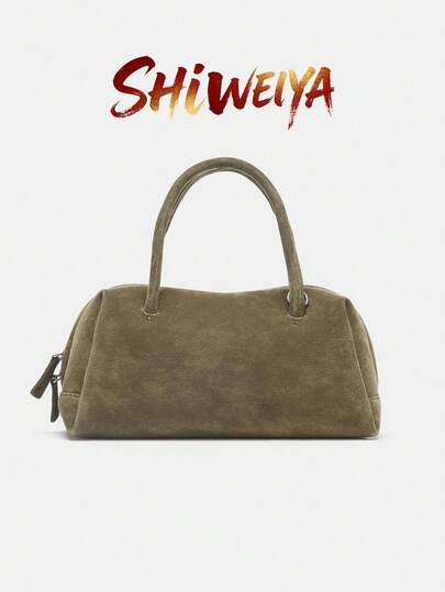 Women's Suede Bowling Bag, Zipper Closure, Boston Handbag, Shoulder Bag, Top Handle, Travel, College, Work Tote