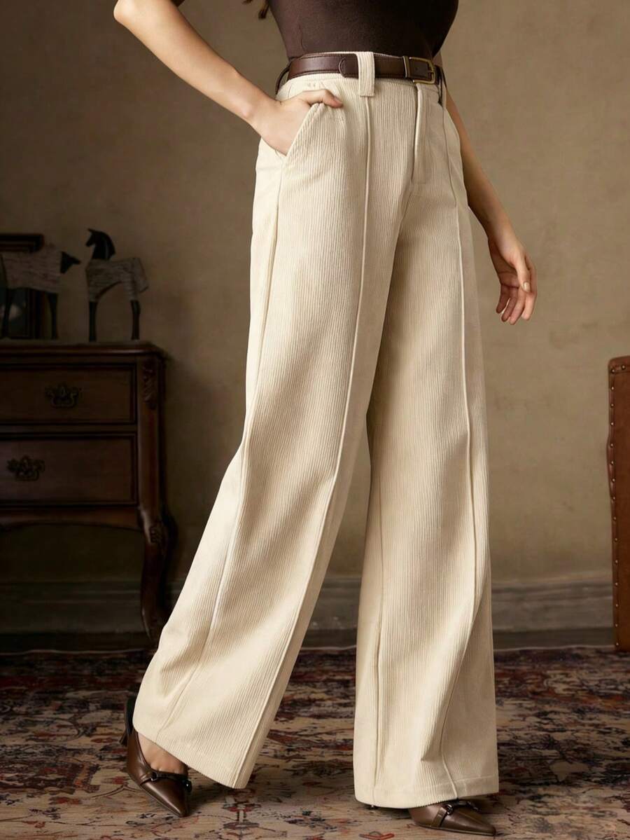Women's Cream-Colored Wide Leg Pants, Made Of Textured Woven Fabric Spring - Apricot - View 1