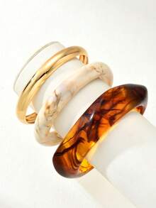 3 peças/Conjunto de Pulseiras de Resina Vintage Marrom e Verde para Mulheres, Conjunto de Pulseiras de Bracelete de Metal com Padrão Geométrico Assimétrico Tie Dye Floral, Acessório Minimalista Elegante Adequado para Festa, Banquete, Encontro, Presente de Aniversário - Multicolorido - Visão 6