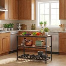 Isla de Cocina con Ruedas y Estante de 3 Niveles | Mueble Multiusos de Acero Robusto para Cocina, Sala u Oficina | Fácil Armado, Color Marrón Rústico - Marrón - Ver 1