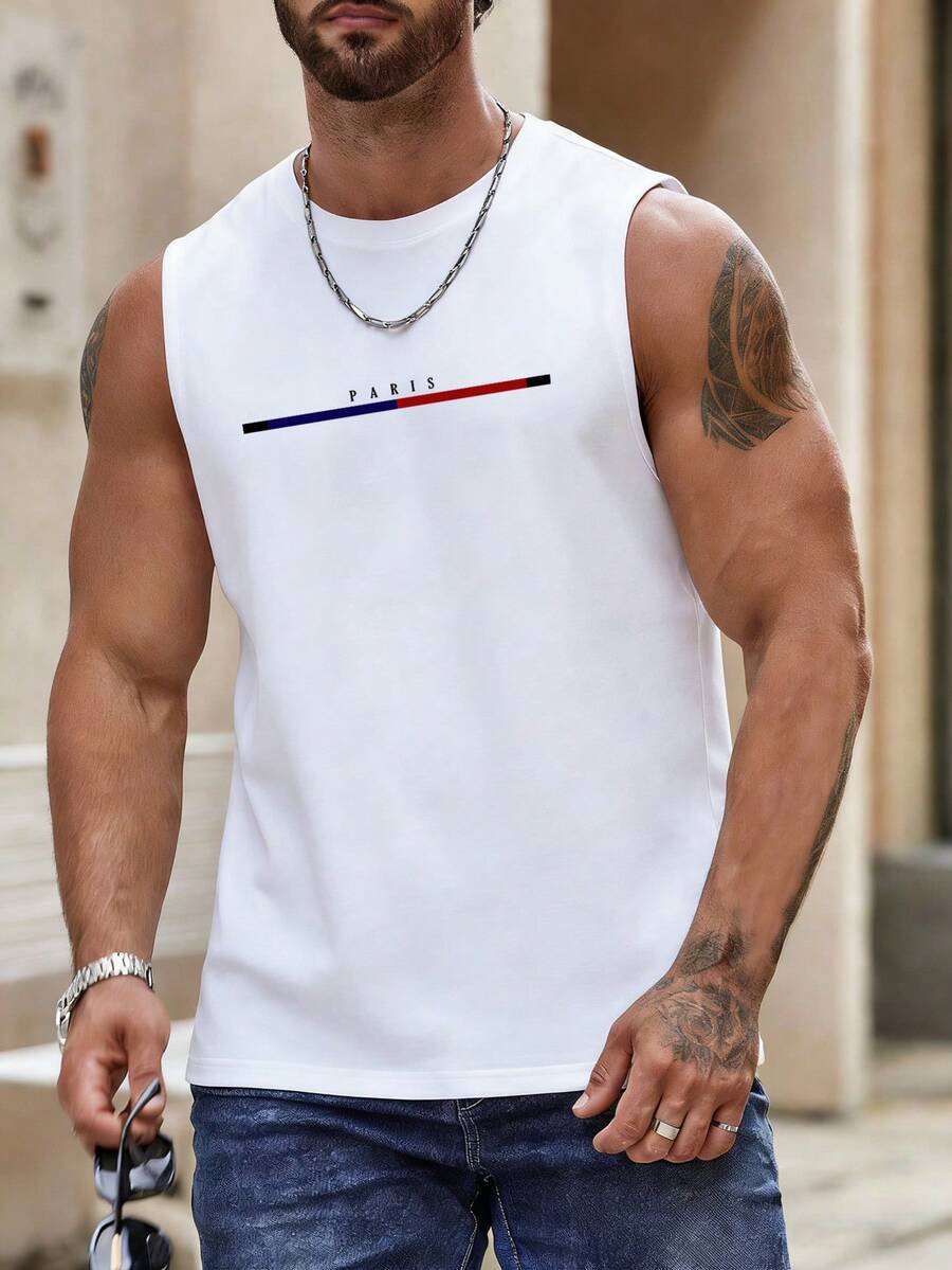 Men's Casual Letter Print Loose Fit Tank Top, Versatile For Summer Holiday, Daily Commute - White - View 1