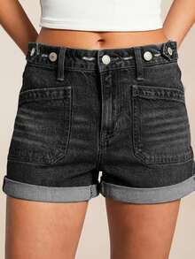 Summer Women's Mid-Rise Washed Denim Bermuda Shorts With Straight Leg, Slightly Stretchy Jean Shorts With Adjustable Waist And Patch Pockets - 黑色 - 查看 1