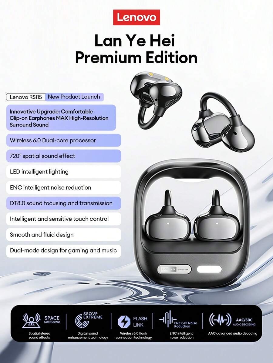 Tai nghe Bluetooth Lenovo RS115 thời trang mới, kiểu kẹp với đèn LED thông minh, Bluetooth 6.0, âm thanh vòm, khử tiếng ồn khi gọi (ENC), thời lượng pin dài, âm thanh định hướng, độ trễ thấp khi chơi game và nghe nhạc, tai nghe không dây dành cho điện thoại thông minh và máy tính, quà tặng ngày lễ. - màu đen - Xem 1