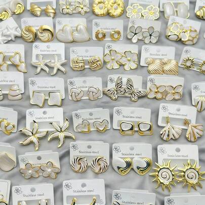 24 piezas de pendientes de acero inoxidable blanco - Diseño elegante de océano y bosque, adecuado para uso diario, estilo unisex, ¡regalo ideal para maestros, familia y amigos en días festivos!