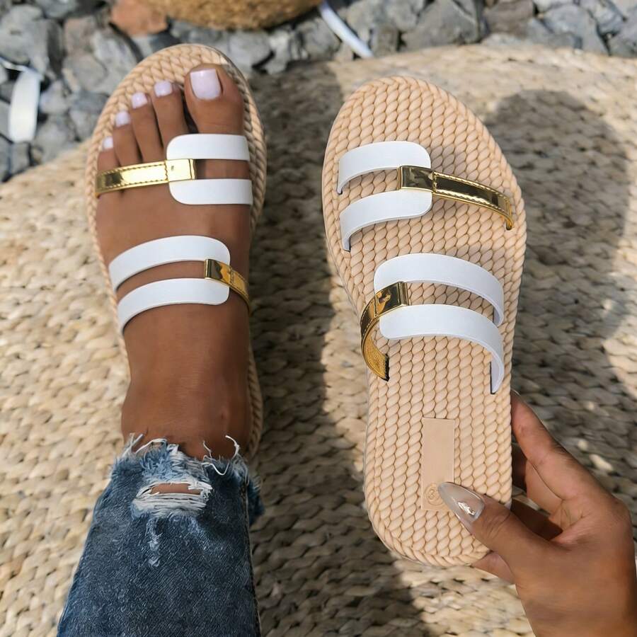Sandalias slip-on con bloques de color para mujer de talla grande, cómodas y elegantes, adecuadas para citas, playa, caminar, ir y venir - Blanco - Ver 1