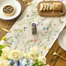 1pc Summer Blooming Wildflowers Printed Table Runner, Floral Kitchen Dining Table Decor For Spring/Summer Seasons, Size: 33 X 183 Cm - Beige - View 5