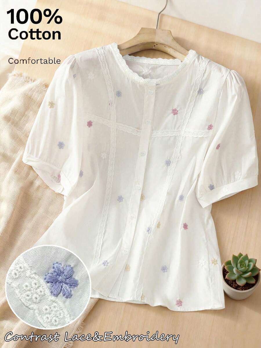 蕾丝拼接刺绣白色衬衫，宽松休闲又不失优雅的通勤半透明上衣，夏季 - 白色 - 查看 1